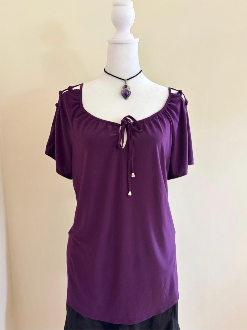 Vintage Y2K subversive cutout slit purple blouse cyber grunge goth tassel tie XL